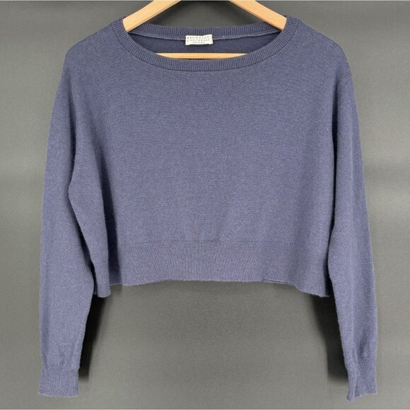Brunello Cucinelli Women's Cropped 100% Cashmere Sweater M Blue Italy Old Money - Picture 1 of 11